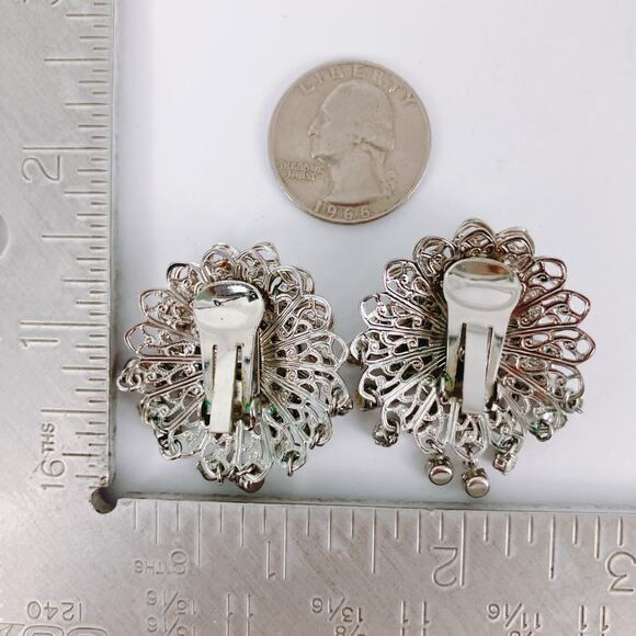 Vintage Mid Century Prong Set Rhinestone Chandelier Silver Tone Clip On Earrings - Picture 11 of 12